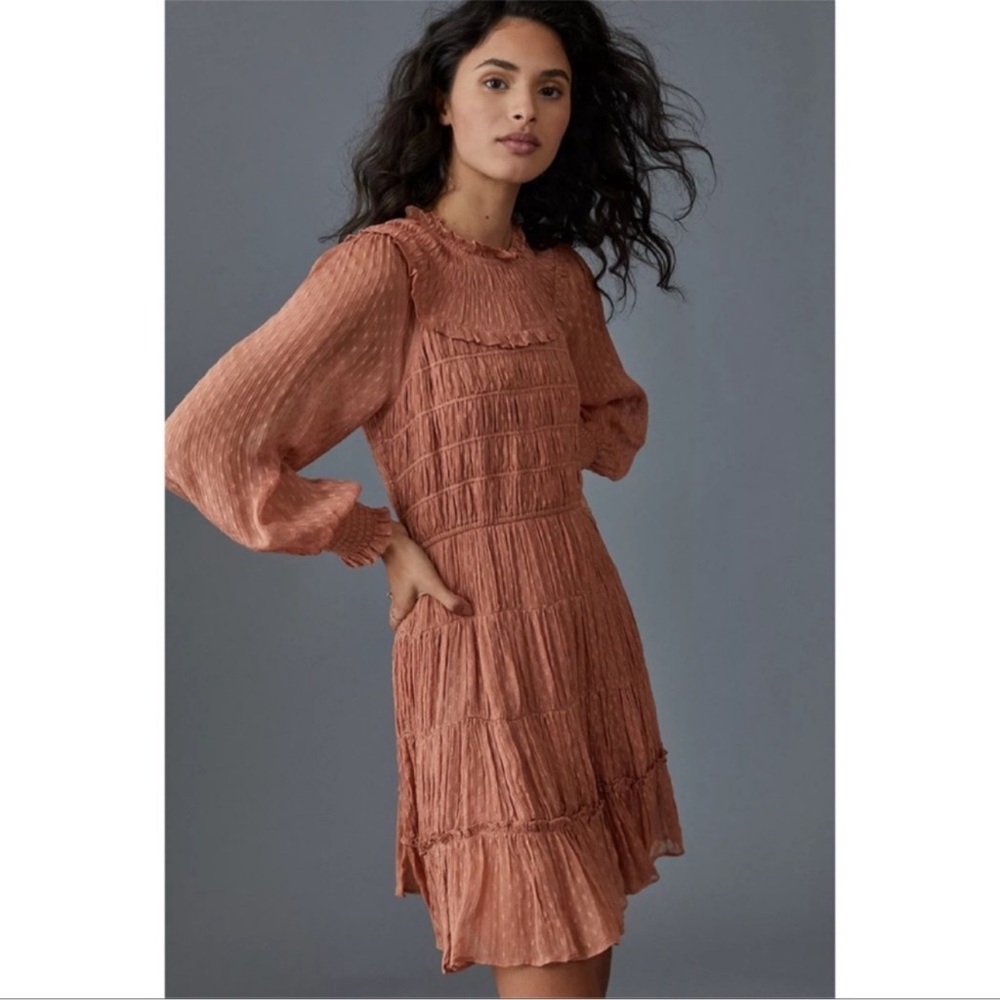 By Anthropologie Dalia Ruffle Smocked Long Sleeve Mini Dress Pink Rose size XS